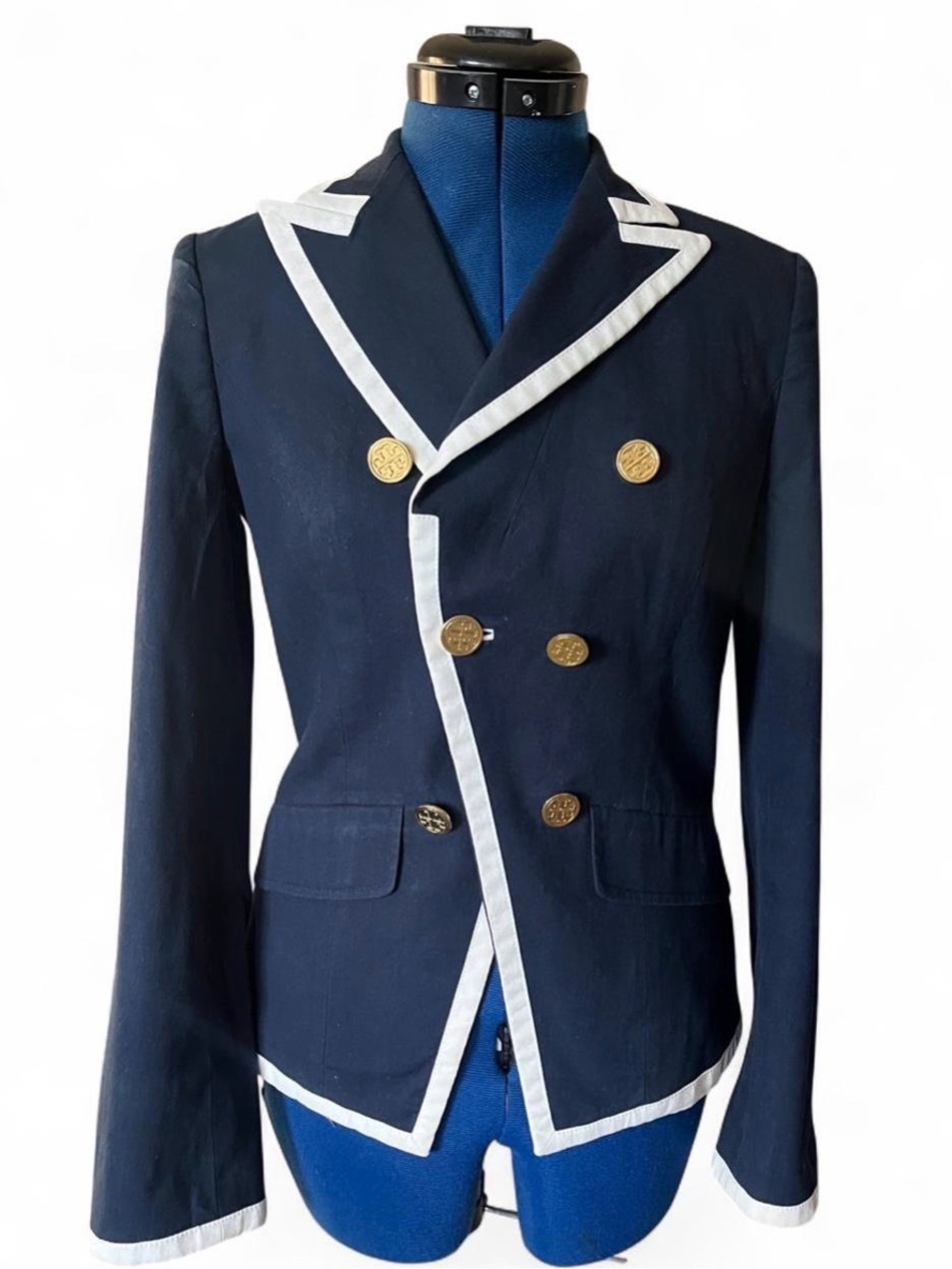 Tory Burch Navy & White Double Blazer with Gold Buttons Orange Logo Tag- Small